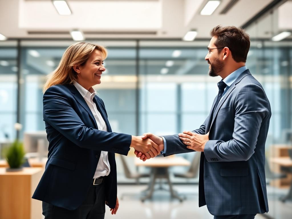 Two colleagues shaking hands in a bright office