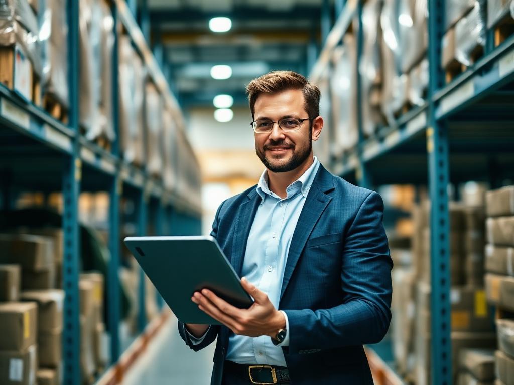 A professional reviewing data on a tablet in a warehouse aisle